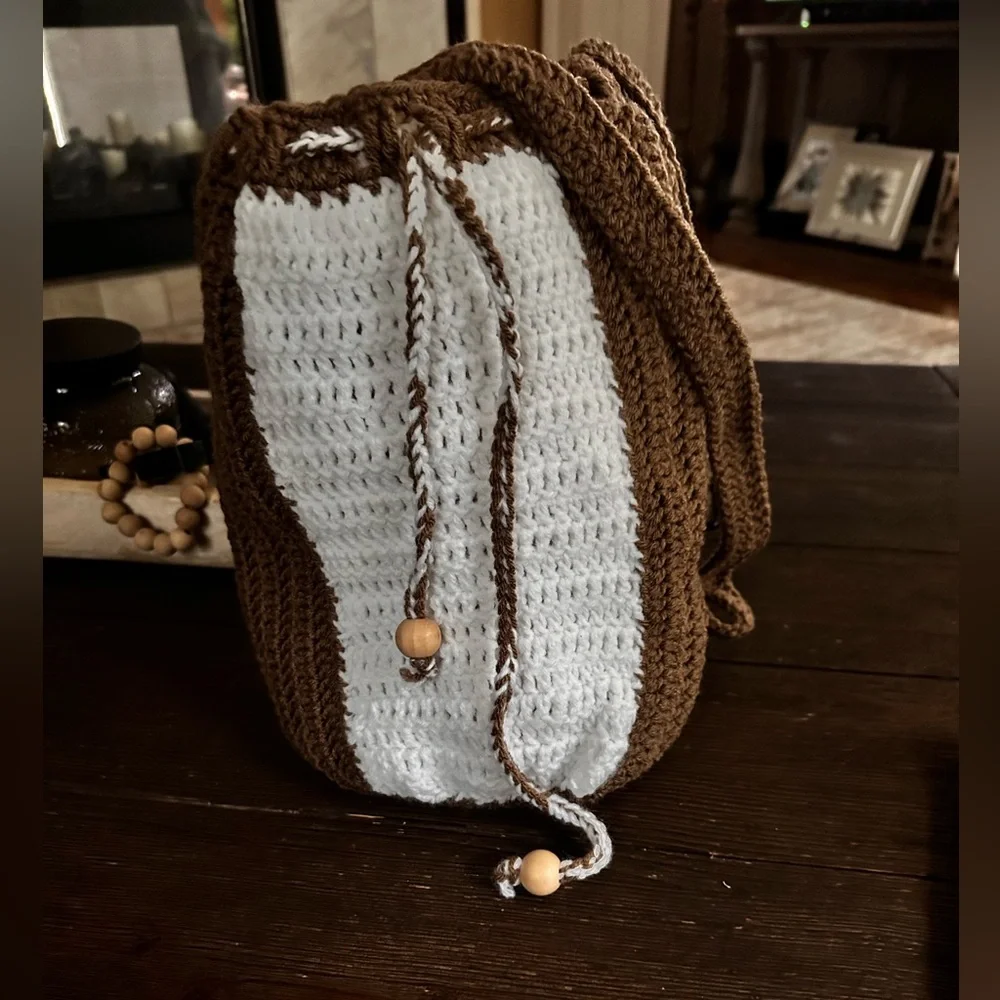 Handcrafted bohemian style hobo hand knit crochet bucket handbag tote purse